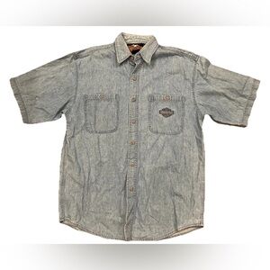 Vintage Harley Davidson Denim Shirt Large Blue Jean Pocket Logo Short Sleeve